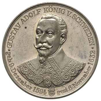 medal sygnowany A. Lindberg na 300 lecie urodzin Gustawa II Adolfa, Aw: Popiersie trzy czwarte w lewo i napis wokoło, Rw: Napis pomiędzy gałązkami, srebro 18.01 g, 33 mm