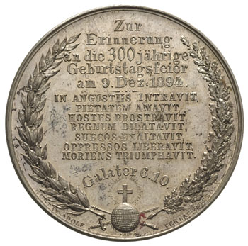 medal sygnowany A. Lindberg na 300 lecie urodzin Gustawa II Adolfa, Aw: Popiersie trzy czwarte w lewo i napis wokoło, Rw: Napis pomiędzy gałązkami, srebro 18.01 g, 33 mm