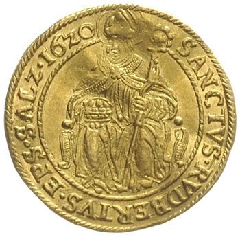 Paris Graf Lodron 1619-1653, dukat 1620, Salzburg, złoto 3.45 g, Probszt 1099, Zöttl 1338, ale nienotowana odmiana napisu na awersie PARIS D G AREPS SAL AP SE LE