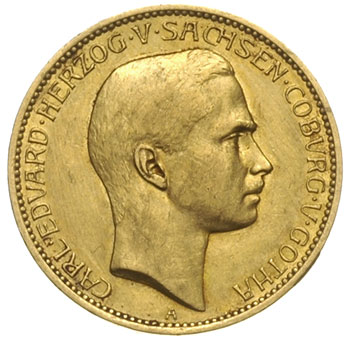 Saksonia Coburg-Gotha, Karol Edward 1900-1918, 10 marek 1905 A, Berlin, złoto 3.97 g, J. 273, moneta czyszczona, rzadka