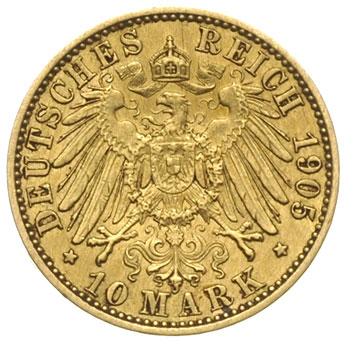 Saksonia Coburg-Gotha, Karol Edward 1900-1918, 10 marek 1905 A, Berlin, złoto 3.97 g, J. 273, moneta czyszczona, rzadka