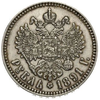 rubel 1891, Petersburg, Bitkin 74, lekko czyszczony, pozostałości patyny