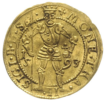 Zygmunt Batory 1581-1602, dukat 1593, Hermannstadt, złoto 3.50 g, Resch 125, lekko gięty, patyna