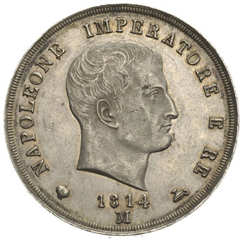 Królestwo Napoleona 1805-1814, 5 lirów 1814 / M, Mediolan, Dav. 202, pięknie zachowane, delikatna patyna, bardzo rzadkie w tym stanie zachowania