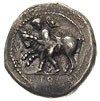 Tessalia, Larisa, drachma 450-400, Aw: Młodzieniec ujażmiający byka kroczącego w lewo, poniżej TO,..