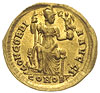 Arkadiusz 383-408, solidus 397-402, Konstantynopol, Aw: Popiersie w hełmie, z lancą i tarczą na wp..