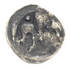 Dymin- miasto /Demmin/, denar koniec XIV w, Aw: Lilia z dwiema kulkami powyżej, Rw: Gryf ?, 0.25 g..