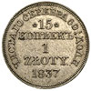 15 kopiejek = 1 złoty 1837, Warszawa, Plage 408, Bitkin 1170, wyśmienicie zachowane, patyna