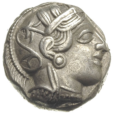 tetradrachma ok. 430 pne, Aw: Głowa Ateny w prawo, Rw: W kwadracie incusum sowa w prawo, za nią gałązka oliwna, przed nią ΑΘΕ, srebro 17.10 g, BMC XI 48