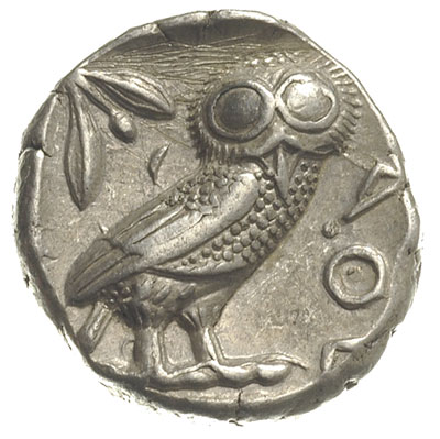 tetradrachma ok. 430 pne, Aw: Głowa Ateny w prawo, Rw: W kwadracie incusum sowa w prawo, za nią gałązka oliwna, przed nią ΑΘΕ, srebro 17.10 g, BMC XI 48