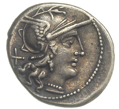 denar 153 pne, Rzym, Aw: Głowa Romy w hełmie w prawo, za nią X, Rw: Wiktoria w bidze w prawo, poniżej C. MAIANI, w odcinku ROMA, srebro 3.74 g, Craw. 203/1a, patyna