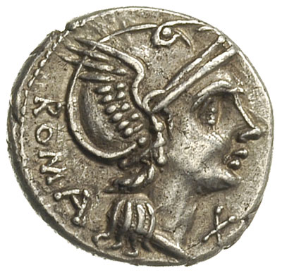 denar ok. 109-108 pne, Rzym, Aw: Głowa Romy w hełmie w prawo, z lewej ROMA, z prawej X, Rw: Luna z wieńcem w dłoni w bidze w prawo, niżej L. FLAMINI, w odcinku CILO, srebro 3.85 g, Craw. 302/1