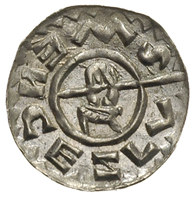 denar książęcy ok. 1061-1086, Aw: Głowa księcia w prawo ponad tronem, WRATIZLVS, Rw: Ręka z włócznią w lewo, S-WENCEZLV, srebro 0.70 g, Cach 361, Šmerda 162, pięknie zachowany