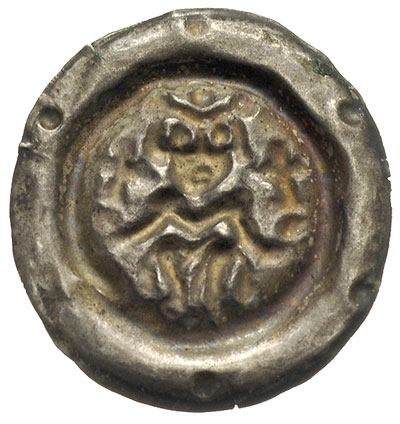 brakteat 1260-1278, Władca w koronie, siedzący na tronie po bokach dwa krzyże, na zewnątrz obwódki sześć kulek, Cach 807, 0.56 g, ciemna patyna, rzadki