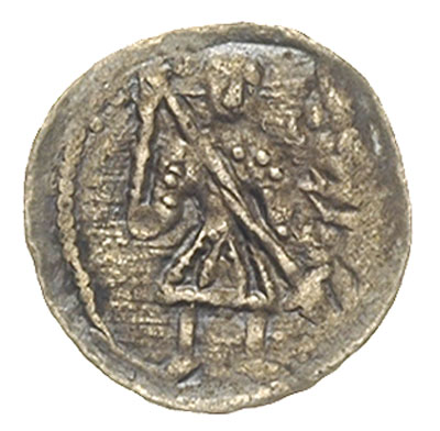 denar, Aw: Rycerz przebijający włócznią smoka, Rw: Krzyż partiarchalny, w polach kulki, srebro 0.42 g, Str. 39, Such. XIV, patyna