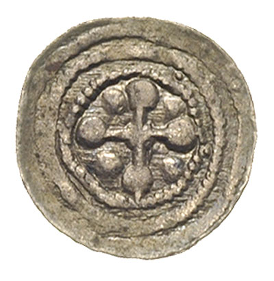 denar, Aw: Rycerz przebijający włócznią smoka, Rw: Krzyż partiarchalny, w polach kulki, srebro 0.42 g, Str. 39, Such. XIV, patyna
