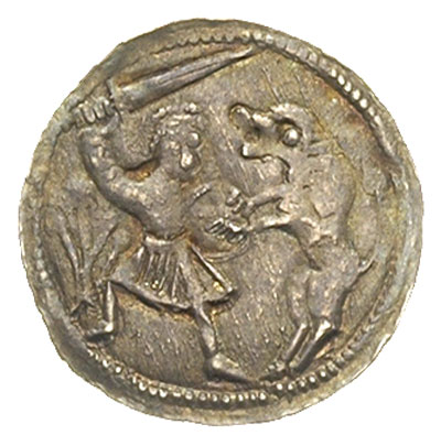 denar, Aw: Książę z mieczem na tronie, obok giermek, wokoło napis, Rw: Rycerz walczący z lwem, srebro 0.40 g, Str. 40, Such. XVI, bardzo ładnie zachowany