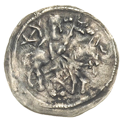 denar, Aw: Książę z proporcem na koniu w prawo, Rw: Napis wkomponowany w trzy łuki, srebro 0.36 g, Str. 54, Such. XXIII, ślady patyny, rzadki