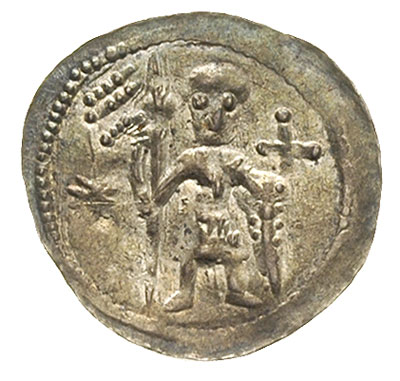 denar, Aw: Dwaj książęta za stołem, Rw: Rycerz z proporcem i tarczą, w polu krzyż, srebro 0.53 g, Str. 59, Such. XIX/2, piękny egzemplarz