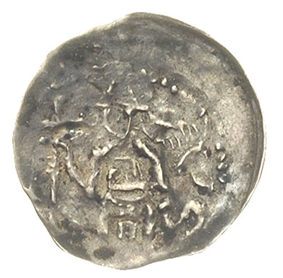 denar ok. 1173-1190, Aw: Biskup z krzyżem, obok litery VS, Rw: Rycerz walczący z lwem, srebro 0.30 g, Str. 46, Such. 2, patyna