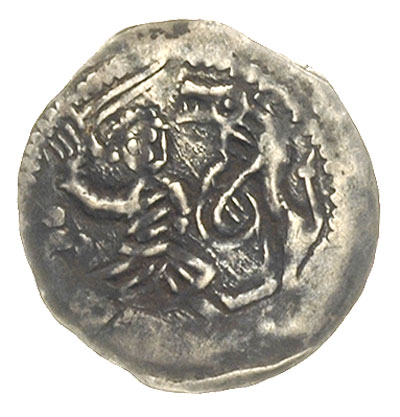 denar ok. 1173-1190, Aw: Biskup z krzyżem, obok litery VS, Rw: Rycerz walczący z lwem, srebro 0.30 g, Str. 46, Such. 2, patyna