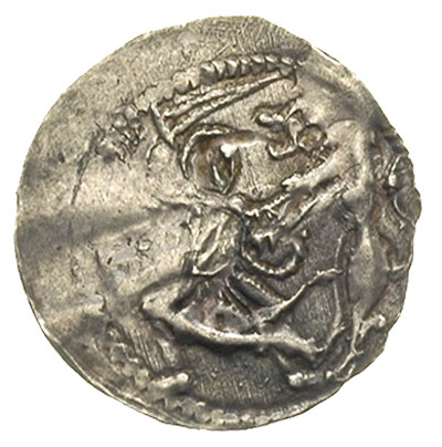 denar ok. 1173-1190, Aw: Biskup z krzyżem, obok litery VS, Rw: Rycerz walczący z lwem, srebro 0.40 g, Str. 46, Such. 2, niewielkie uszkodzenia w tle