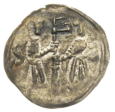 denar ok. 1185-1201, Aw: Krzyż dwunitkowy, w polach litery BOLI, Rw: Dwie postacie stojące z chorągwią, z lewej S, srebro 0.24 g, Str. 174cd, Such. 3c, bardzo ładnie zachowany