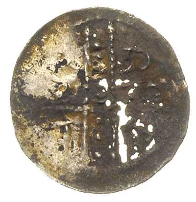 denar ok. 1185-1201, Aw: Krzyż dwunitkowy, w polach litery BOLI, Rw: Dwie postacie stojące z chorągwią, z lewej S, srebro 0.27 g, Str. 174cd, Such. 3c, częściowa patyna, dziury