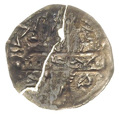 denar ok. 1185-1201, Aw: Krzyż dwunitkowy, w polach litery BOLI, Rw: Dwie postacie stojące z chorągwią, z lewej S, srebro 0.19 g, Str. 174cd, Such. 3c, złamany, przyklejony papier
