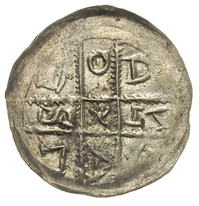 denar, Aw: Krzyż dwunitkowy, w polach napis LODISLAVS, Rw: Dwie postacie z chorągwią, 0.37 g, Str. 174a, Such. 3a, rzadki