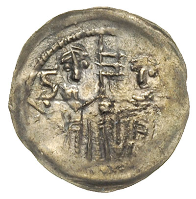 denar, Aw: Krzyż dwunitkowy, w polach napis LODISLAVS, Rw: Dwie postacie z chorągwią, 0.37 g, Str. 174a, Such. 3a, rzadki