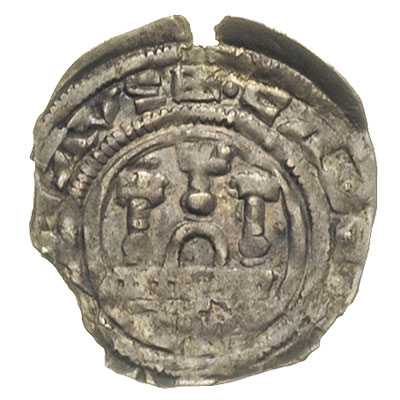 denar 1170-1180, Dymin, Aw: Popiersie księcia w koronie, z berłem i mieczem w lewo, napis ...EMAR BVGVZLAVS, Rw: Trójwieżowa brama, napis CASE...LAVS, 0.76 g, Dbg. 17, Bahrf. 716, lekko wyszczerbiony, rzadki