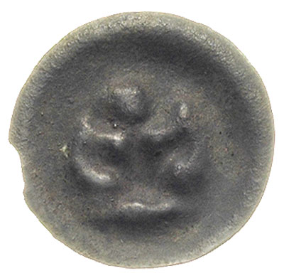 brakteat XIII/XIV w., Lilia czteropłatkowa z przewiązką, 0.29 g, Dbg. 110a, niewielkie wykruszenie, patyna