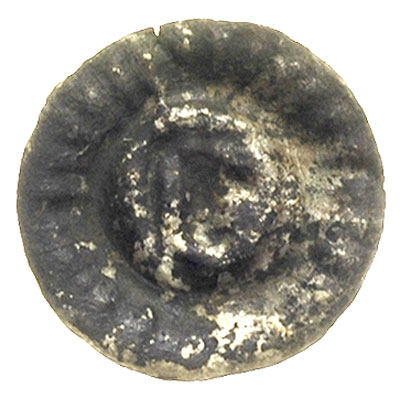 brakteat XIII/XIV w., Głowa gryfa w lewo w tarczy, promienista obwódka, 0.14 g, Dbg. 140a