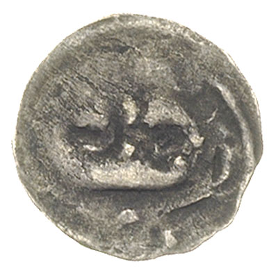 denar XIV w., Aw: Infuła biskupia, Rw: Dwa skrzyżowane pastorały, 0.26 g, Dbg. 185d, dwukrotnie uderzony stemplem