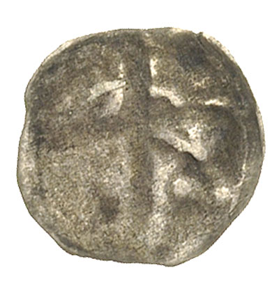 denar XIV w., Aw: Infuła biskupia?, Rw: Dwa skrz