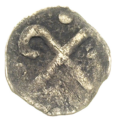 denar XIV w., Aw: Infuła biskupia?, Rw: Dwa skrz