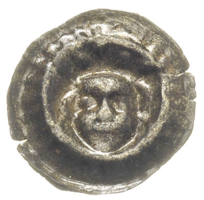 brakteat 2. połowa XV w., Ukoronowana głowa, promienista obwódka, 0.22 g, Dbg. 214, moneta lakierowana