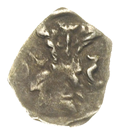 denar XIV w., Aw: Hełm z piórami w lewo, Rw: Gry