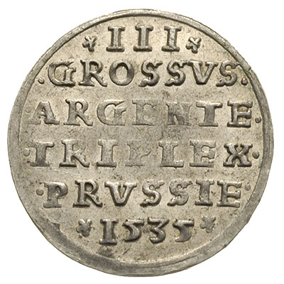 trojak dla ziem pruskich 1535, Toruń, odmiana popiersie króla w ozdobnym czepcu, Iger T.35.1.b (R4), T. 18, moneta z 32 aukcji WCN, rzadki i pięknie zachowany