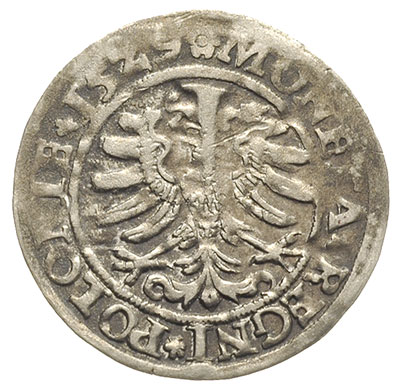 grosz 1529, Kraków, moneta wybita lekko uszkodzonym stemplem, patyna