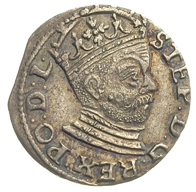 trojak 1585, Ryga, odmiana z małą głową króla, Iger R.85.1.i (R), Gerbaszewski 32, moneta z końca blachy, ładnie zachowana, patyna