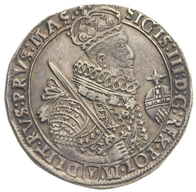 talar 1629, Bydgoszcz, odmiana z herbem podskarbiego pod popiersiem króla, 28.56 g, Dav. 4316, T. 6, ładnie zachowany, patyna
