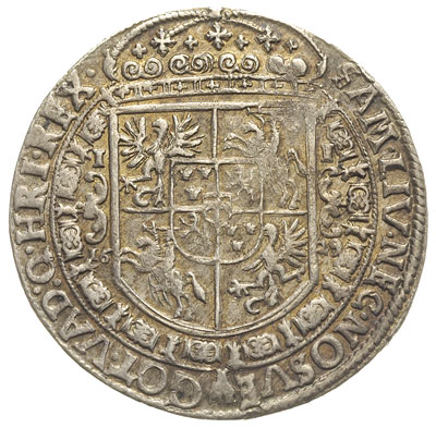 talar 1629, Bydgoszcz, odmiana z herbem podskarbiego pod popiersiem króla, 29.05 g, Dav. 4316, T. 6, ładny egzemplarz ze złocistą patyną