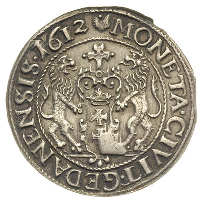 ort 1612, Gdańsk, kropka nad łapą niedźwiedzia, rzadki, drobna wada stempla, ale ładnie zachowany egzemplarz z patyną