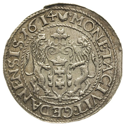 ort 1614, Gdańsk, odmiana z dużymi cyframi 1 i 4 w dacie i kropką za łapą niedźwiedzia, moneta z końca blachy