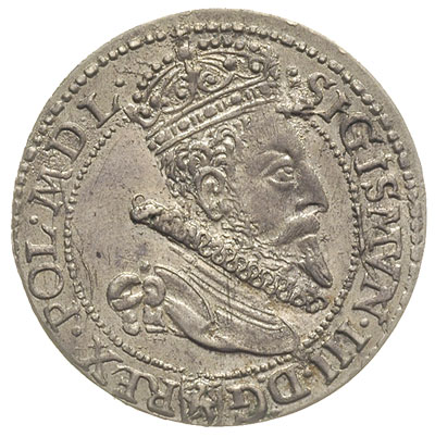 szóstak 1599, Malbork, mała głowa króla i bez kropki przy pierścieniu, drobna wada blachy, ale pięknie zachowany, patyna