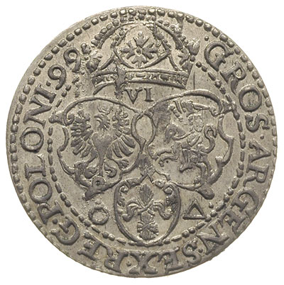 szóstak 1599, Malbork, mała głowa króla i bez kropki przy pierścieniu, drobna wada blachy, ale pięknie zachowany, patyna