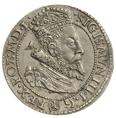 szóstak 1599, Malbork, moneta wybita nieco uszkodzonym stemplem wykruszone litery D G na awersie