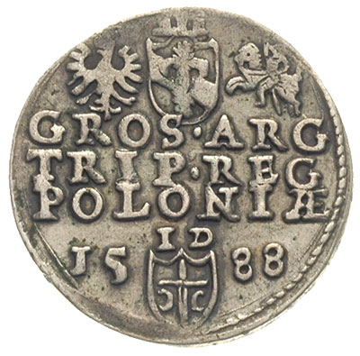 trojak 1588, Olkusz, odmiana z dużą głową króla, Iger O.88.6.b (R3), moneta z 21 aukcji WCN, bardzo rzadki, patyna